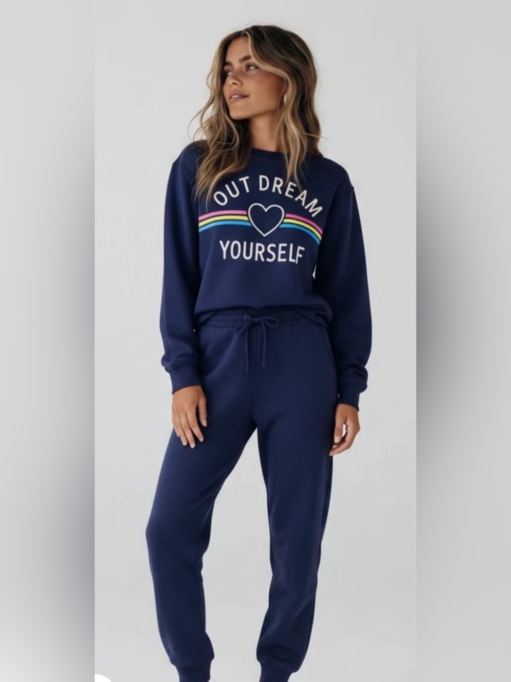 Wound Up Navy "Out Dream Yourself" Graphic Sweatshirt with Rainbow Heart XS
